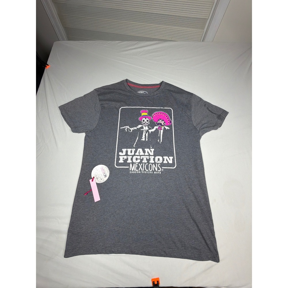 Mexicons Juan Fiction Cancun Riviera Maya Graphic T-Shirt Gray Medium NEW